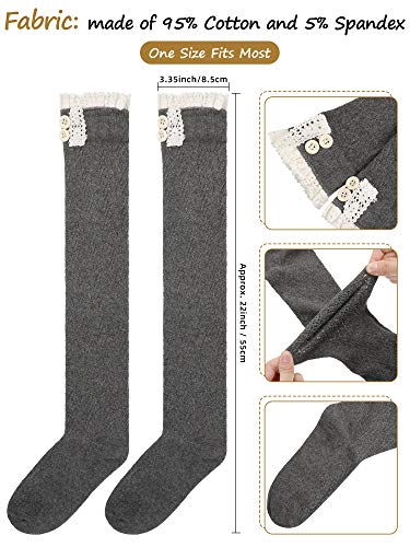 3 Pairs Long Boot Socks with Lace Trim Button Knit Boot Socks over Knee Thigh High Stockings for Women