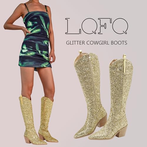 51pp5xBgPBL.jpg Sparkly Cowgirl Boots for Women Side Zipper Tall Wide Calf Western Knee High Cowboy Boots Chunky Heels Glitter Sequin Party