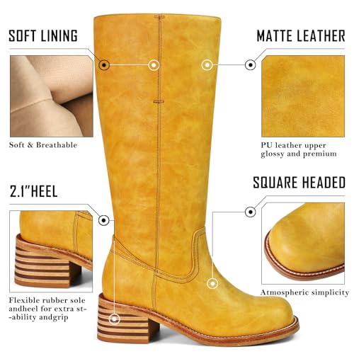 Women's Knee High Boots Chunky Block Heel Long Boots Square Toe Low Heel Boots for Women